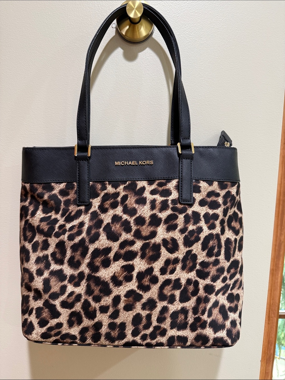 Michael Kors Leopard Print Tote with Black Trim and Gold Hardware